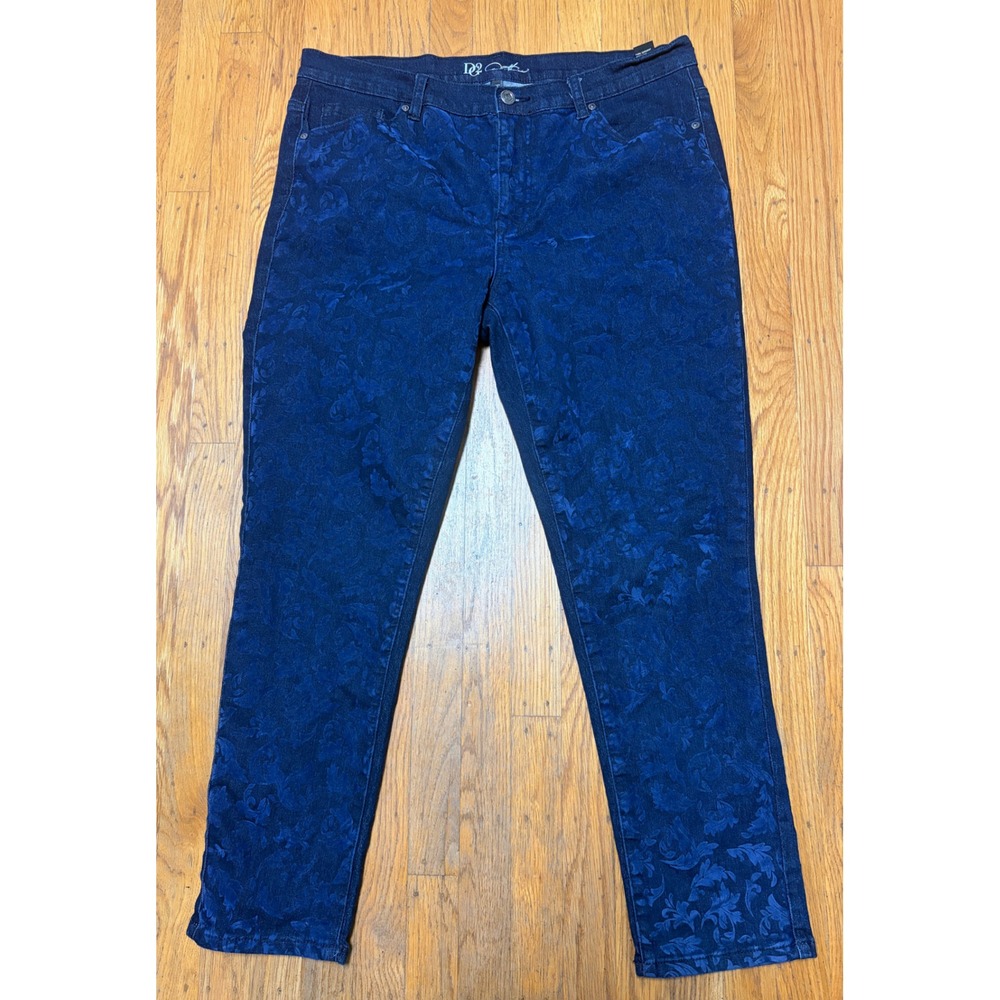 DG2 Diane Gilman Womens 16W Blue Damask Flocked Velvet Floral Straight Leg Jeans